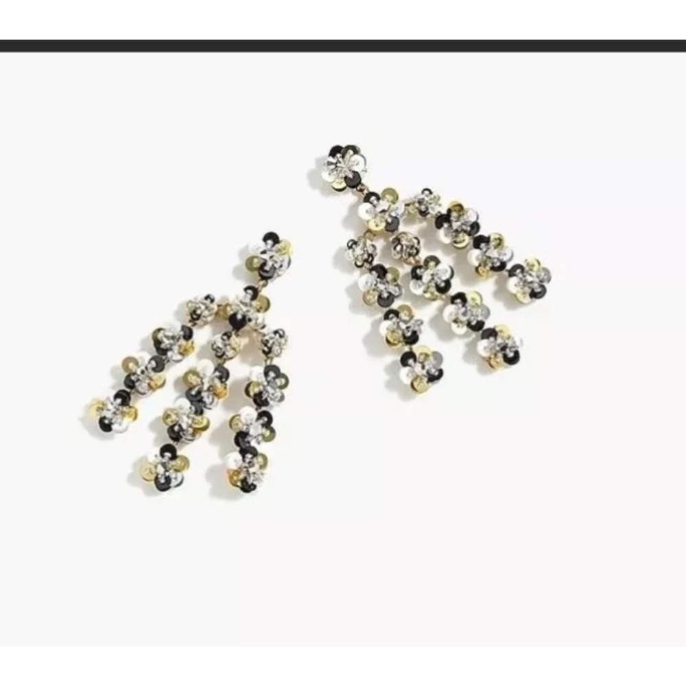 Floral Sequin Chandelier Gold Black White Earrings - Picture 2 of 5